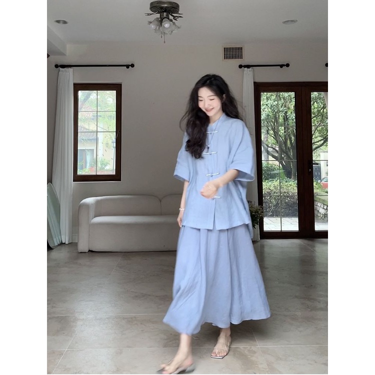 Bộ Áo + Chân Váy Lửng Dáng Rộng Phong Cách Trung Hoa Hợp Thời Trang Cho Nữ 6.15