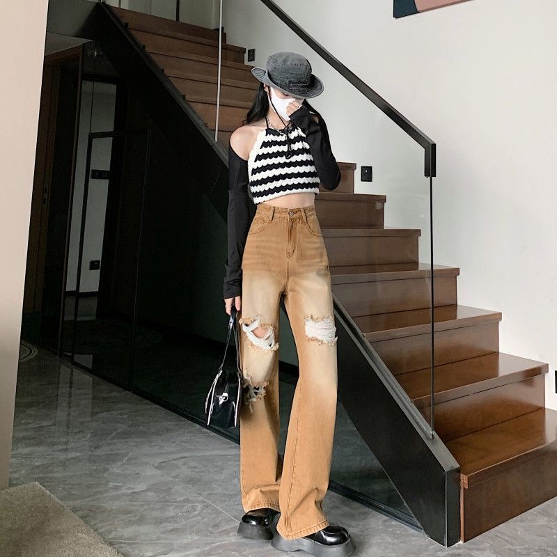 Quần Jean Ống Rộng Rách Lưng Cao Phong Cách Đường Phố Mỹ Mùa Hè Mới Cho Nữ