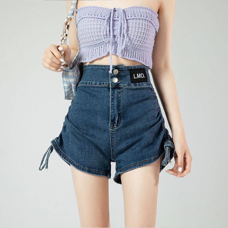 Phong Cách Mới ~ Quần Short Denim Lưng Cao Dáng Chữ a Ống Rộng Phối Dây Rút Thời Trang Mùa Hè Dành Cho Nữ