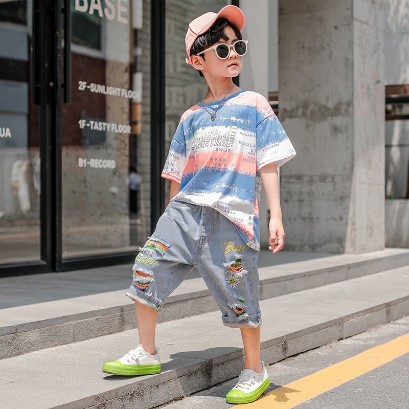 Bộ Áo Thun Tay Ngắn Và Quần Jeans Rách Phong Cách Thời Trang Mùa Hè Mới 2023 Dành Cho Bé Trai