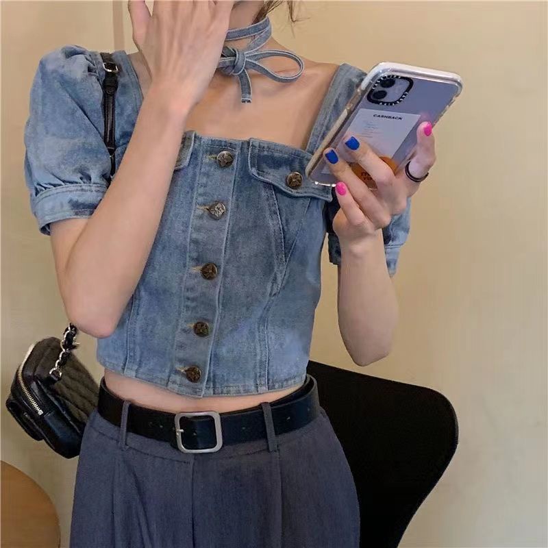 Áo Sơ Mi Denim Tay Ngắn Phồng Cổ Vuông Eo Cao Thời Trang Mùa Hè Dành Cho Nữ
