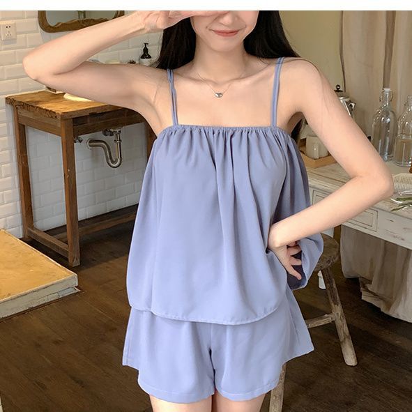 Mới Bộ Đồ Ngủ Áo Hai Dây Phối Quần Short Vải Lụa Mát Mỏng Phong Cách Nhật Bản Đơn Giản Thời Trang Mùa Hè Cho Bạn Gái