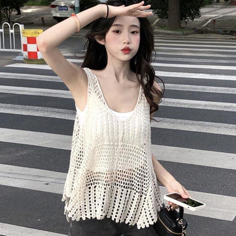 Hàng Mới Về PPHOME Áo Không Tay Dáng Rộng Thiết Kế Đan Móc Rỗng Phong Cách Blogger ~