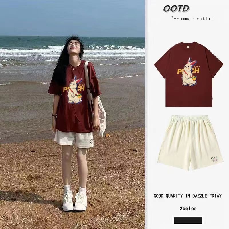 Set Áo Thun Ngắn Tay In Hình Thỏ Và Quần Short Màu Đỏ Rượu Thời Trang Mùa Hè Cho Nữ