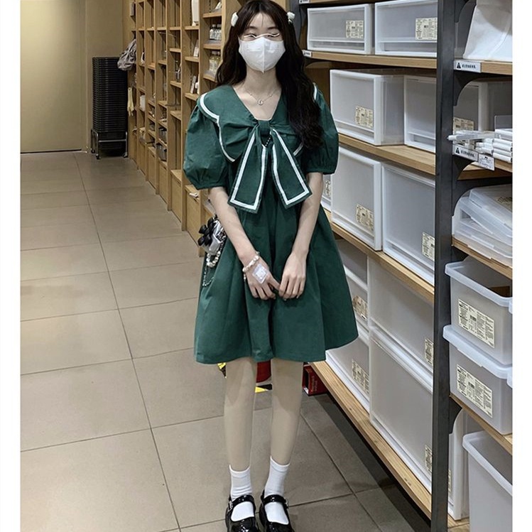 Đầm Chữ a Cổ Thủy Thủ Thắt Nơ Eo Nhỏ Nhắn Dễ Thương Ngọt Ngào Thời Trang Mùa Hè Dành Cho Nữ Sinh