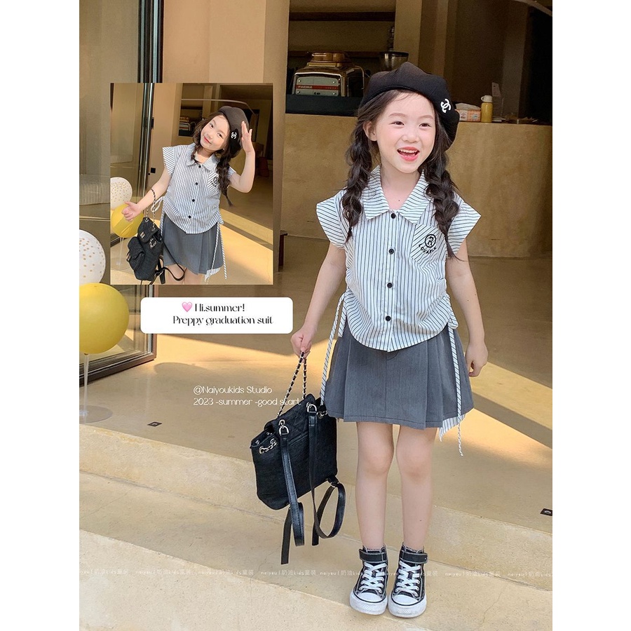 Set Áo Thun Ngắn Tay + Quần Culottes Mùa Hè 2023 Thời Trang Cho Bé Gái