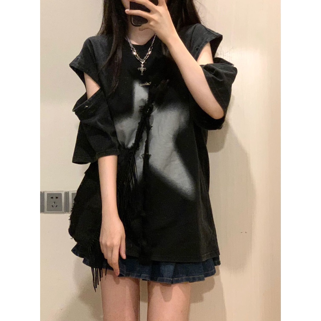 Ready stock 100% cotton t-shirt nữ phong cách mỹ đường phố hip hop hiphop nút có thể tháo rời tay áo rời trên cùng lf8.15