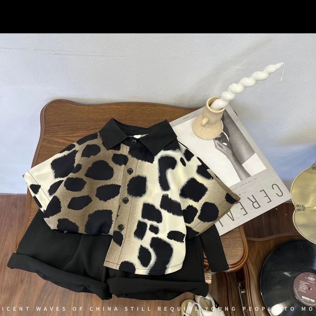 Set Áo Sơ Mi Họa Tiết Da Báo Và Quần Short Thời Trang Mùa Hè Cho Bé Trai