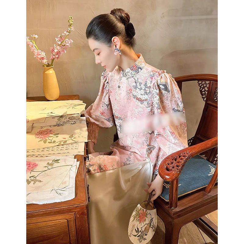 Đầm Sườn Xám Cách Tân Cổ Đứng Cài Khóa In Hoa Kiểu Pháp Thời Trang Mùa Xuân 2023 Cho Nữ