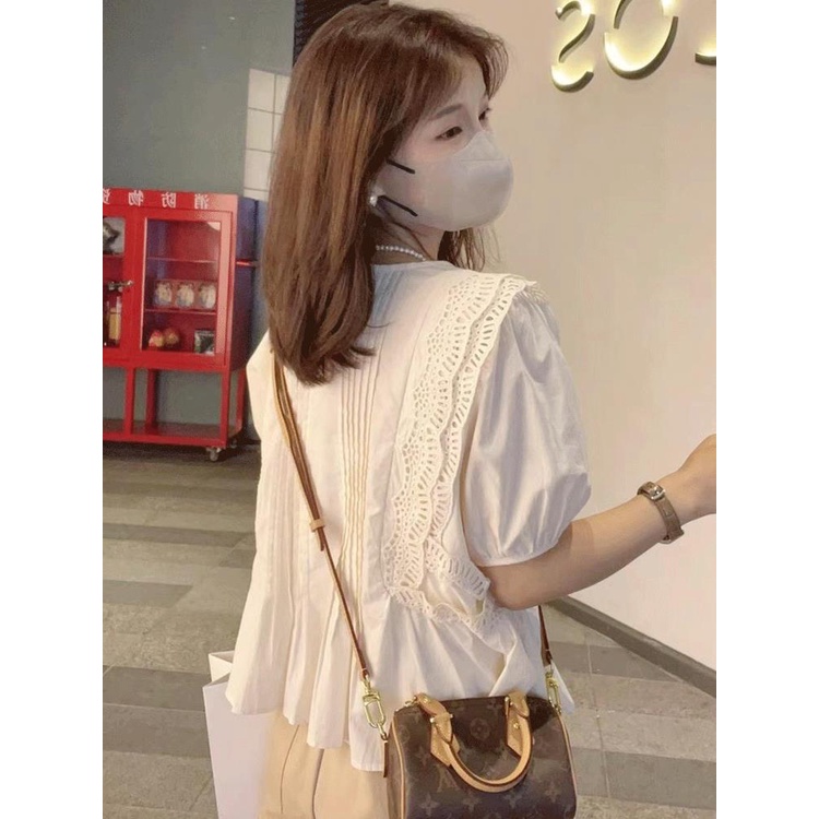 Yan's house sản phẩm mới áo sơ mi ngắn tay cotton tinh khiết cho phụ nữ nhỏ 2023 phong cách mới áo sơ mi nhỏ tay phồng che bụng áo sơ mi trẻ em hàng đầu phụ nữ mùa hè
