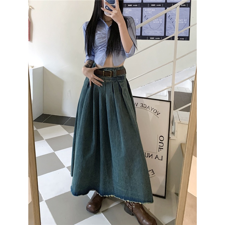 「MOTEL7」Chân Váy Denim Dài Lưng Cao Xếp Ly Phong Cách Retro Dành Cho Nữ