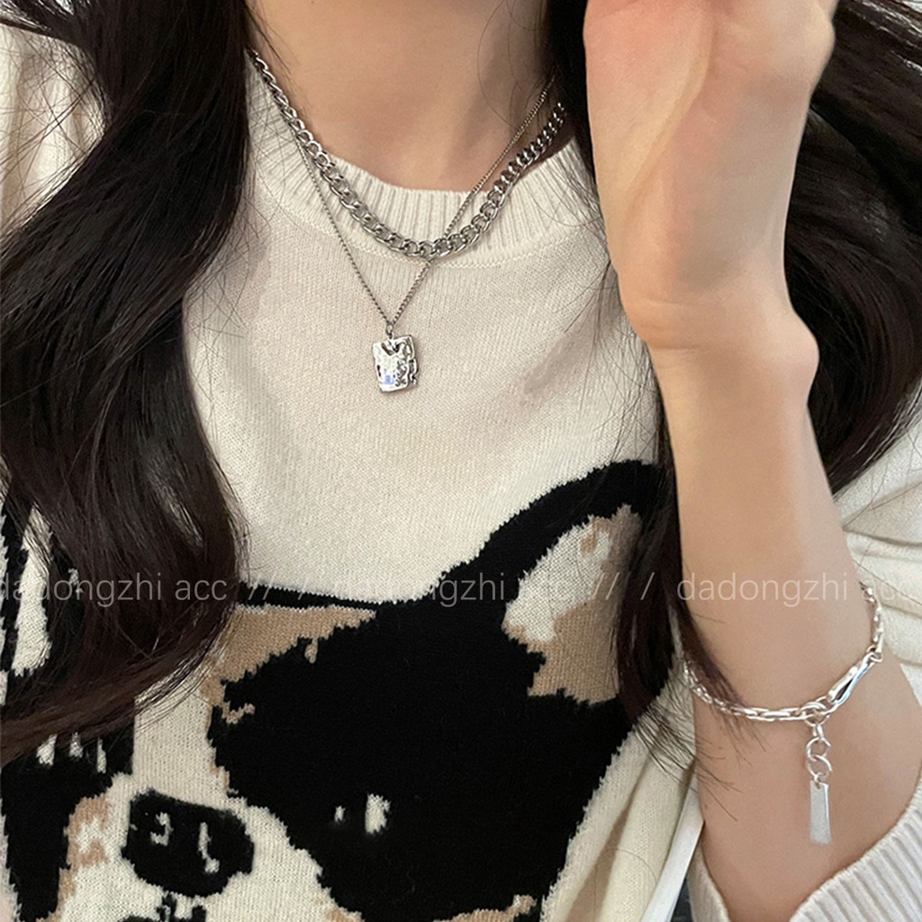 Dây Chuyền Hai Lớp Mặt Vuông Phong Cách Hip Hop Cao Cấp Sang Trọng