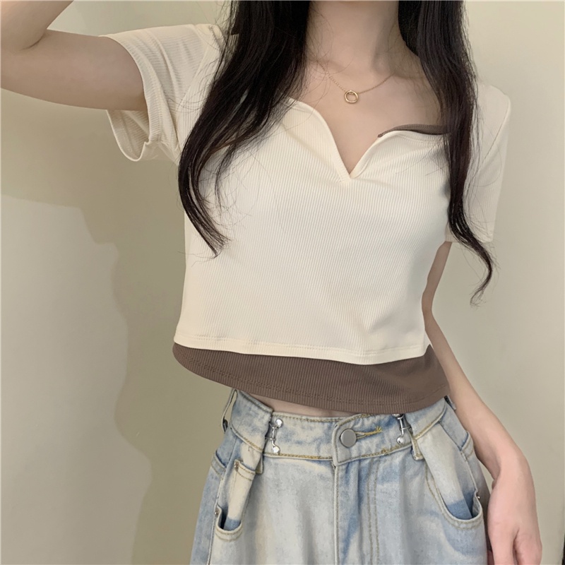 SUXI Áo Thun Ngắn Tay Cổ V Lưng Cao Thời Trang Mùa Hè Cho Nữ