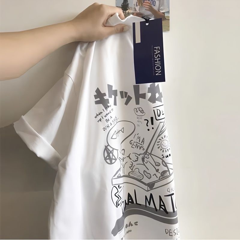 Áo Thun Cotton Ngắn Tay Dáng Rộng Thời Trang Mùa Hè Phong Cách Retro Nhật Bản