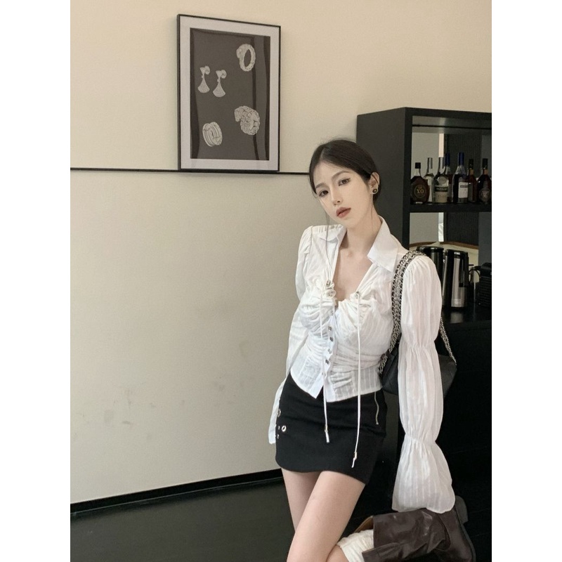 Áo Sơ Mi Trắng Tay Dài Cổ Bẻ Xếp Ly Cột Dây Thời Trang Mùa Xuân 2023 Phong Cách Mới Cho Nữ