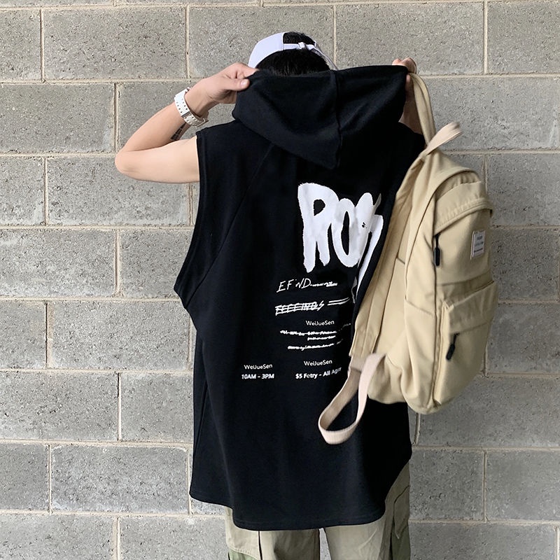 Áo phông không tay M-3XL cho nam áo không tay instagram thương hiệu sành điệu hip hop rộng rãi áo ba lỗ liền mũ thời trang bóng rổ có mũ tay ngắn
