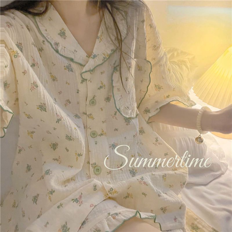 Bộ Đồ Ngủ Tay Ngắn Phối Bèo Mỏng Thoáng Khí Thời Trang Mùa Hè Xinh Xắn Cho Nữ