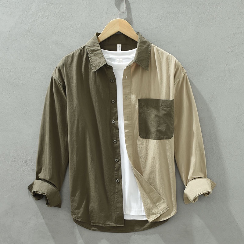 Áo sơ mi nam dài tay màu tương phản khâu S-4XL áo khoác áo sơ mi dễ phối rộng rãi giản dị trào lưu retro kiểu Mỹ mẫu mới