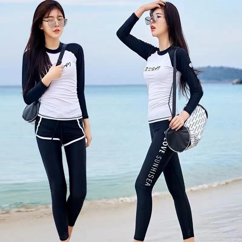 Bộ Đồ Bơi Ba Mảnh Gồm Áo Khoác Ngoài + Quần Boxer + Áo Thun Tay Dài Che Bụng Chống Nắng Phong Cách Thể Thao Thời Trang Mùa Hè