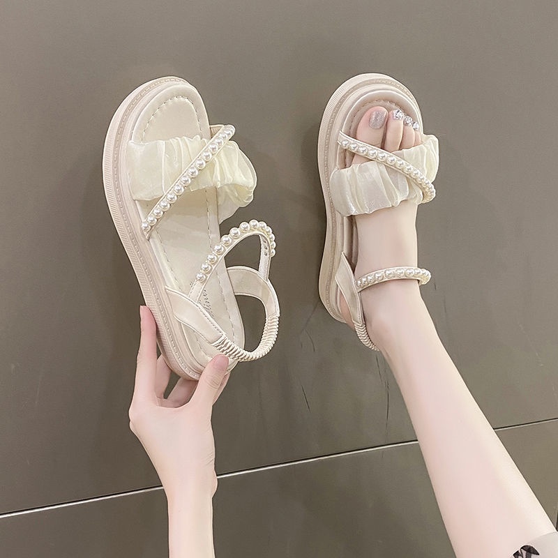 Sandal Đi Biển Mùa Hè 2023 Đế Dày 3Cm Đính Ngọc Trai Phong Cách Roman Mới Cho Nữ