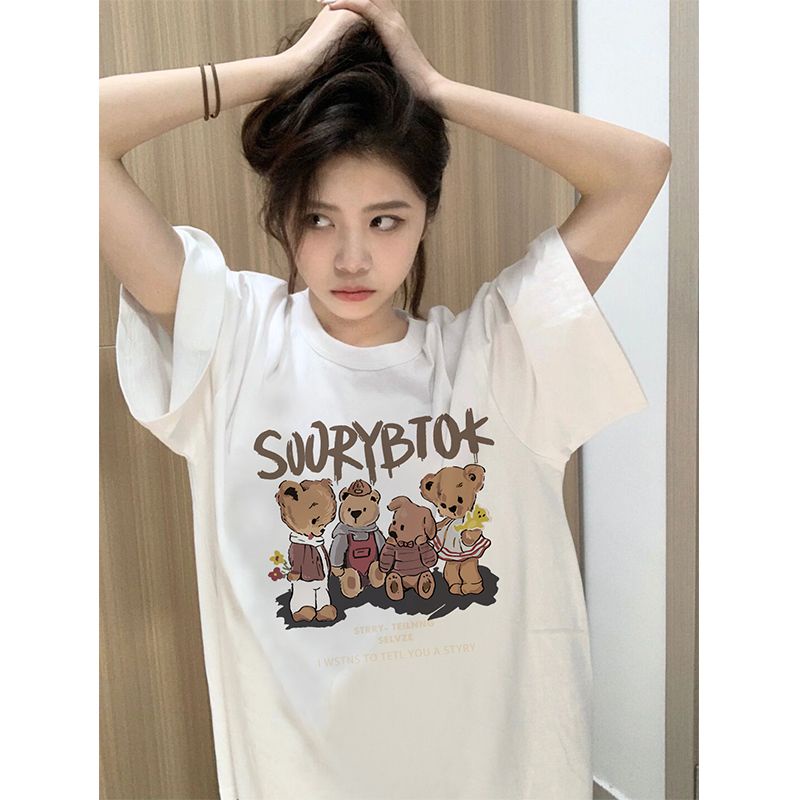 Áo Thun Cotton Cổ Tròn Ngắn Tay Dáng Rộng In Họa Tiết Đơn Giản Hợp Mùa Xuân Hè