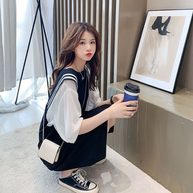 Đầm Thun Ngắn Tay Dáng Rộng Giả Hai Lớp Màu Sắc Tương Phản Thời Trang Dành Cho Nữ