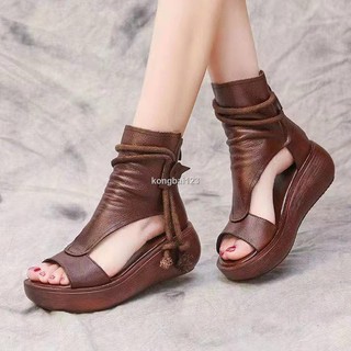 Giày sandal đế xuồng dày dặn bằng da mềm cổ cao hở mũi thời trang cho nữ