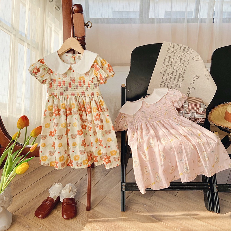 Đầm Mùa Hè Tay Cộc Cổ Búp Bê Hoạt Hình Phong Cách Hàn Quốc Dễ Thương Cho Bé Gái