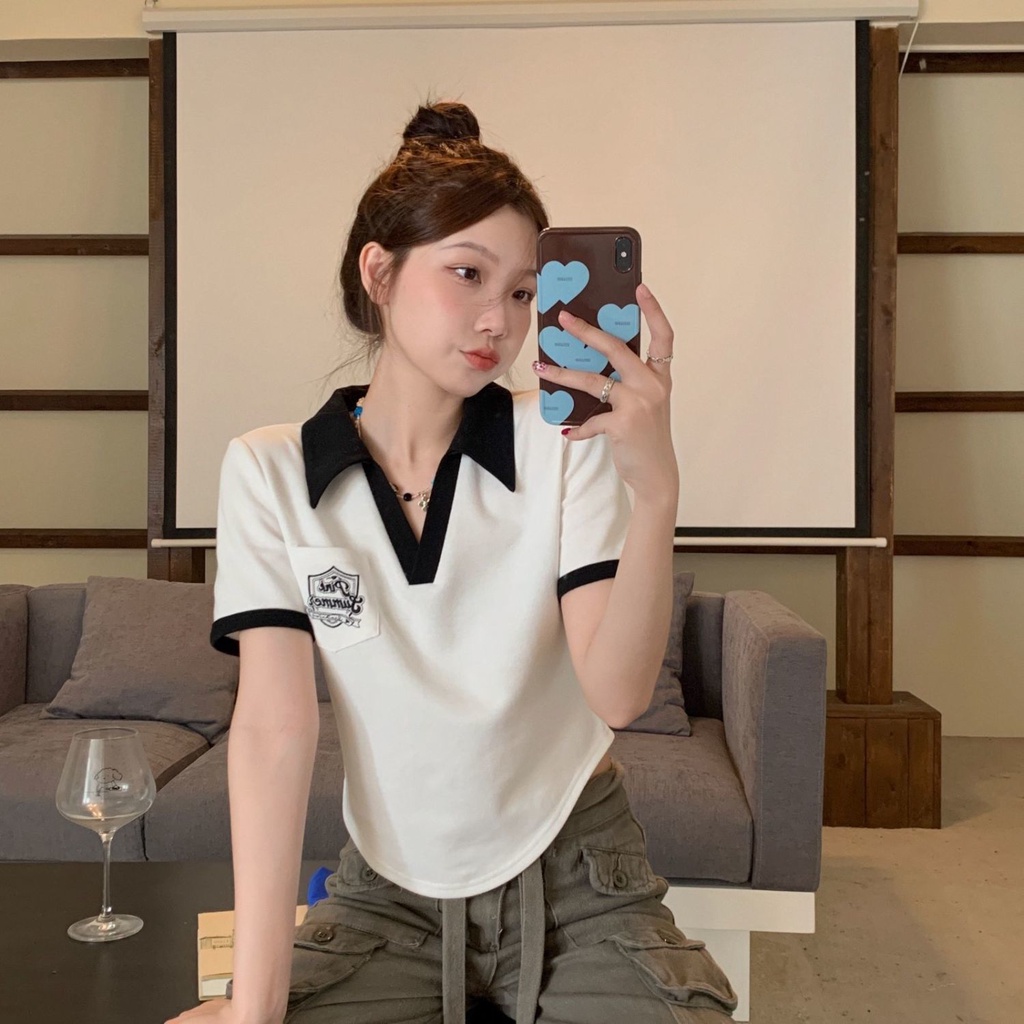 Áo Thun polo Ngắn Tay Dáng Rộng Màu Sắc Tương Phản Thời Trang Mùa Hè