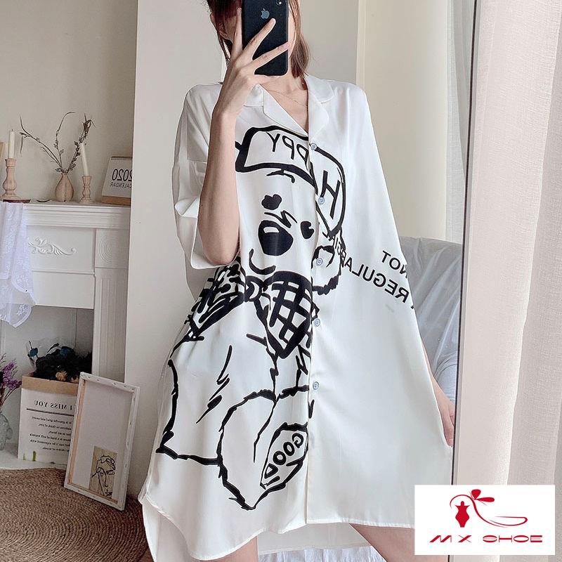 Đầm Ngủ Lụa Ngắn Tay Dáng Vừa Phong Cách Hàn Quốc Quyến Rũ Cho Nữ