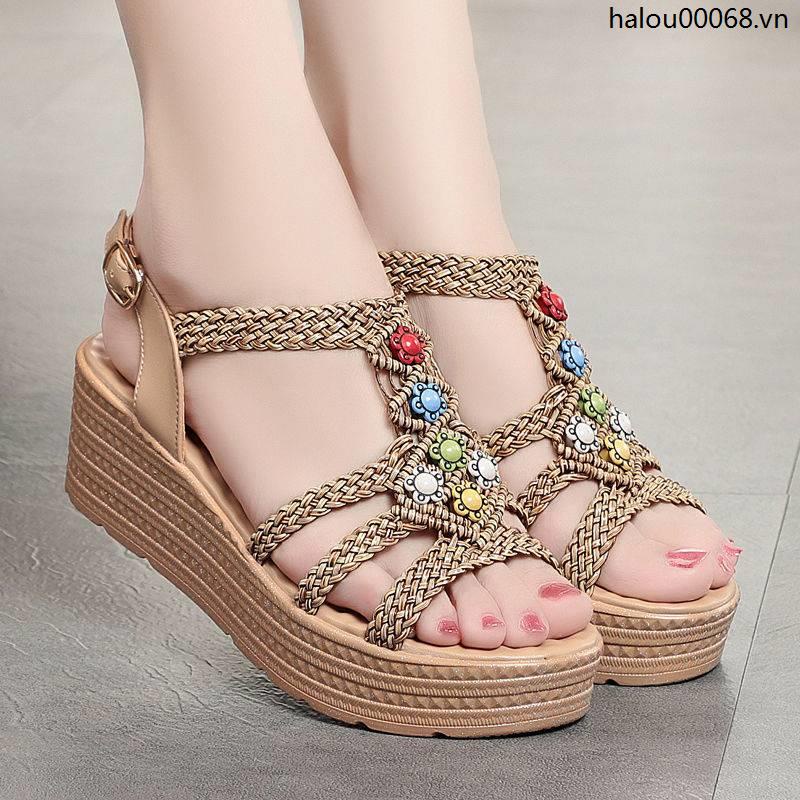 Giày Sandal Đế Xuồng Dày Quai Cài Khóa Phong Cách Bohemian Mẫu Mới 2021 Thời Trang Mùa Hè Dành Cho Bạn Nữ