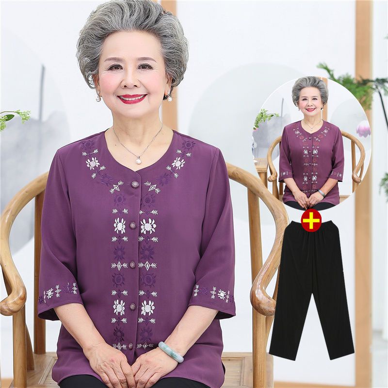 ❍♀Bộ Áo Tay Lửng + Quần Lửng Vải Voan Thời Trang Xuân Hè Cho Phụ Nữ Trung Niên 60-70 Tuổi
