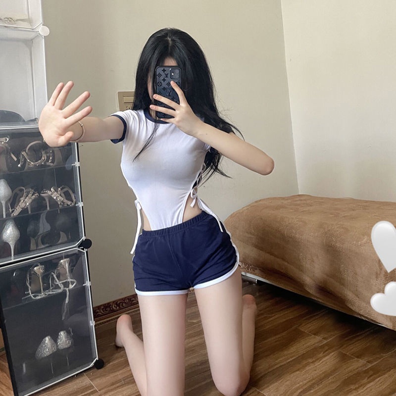 Áo Thun Tay Ngắn Một Mảnh Ôm Dáng Buộc Dây + Quần Short Đơn Giản Cho Nữ Tập Gym