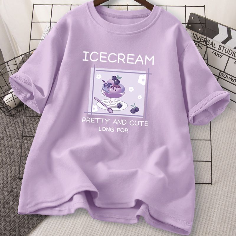 Áo Thun Cotton Tím Tay Ngắn Dáng Rộng Thời Trang Mùa Hè Cho Nữ