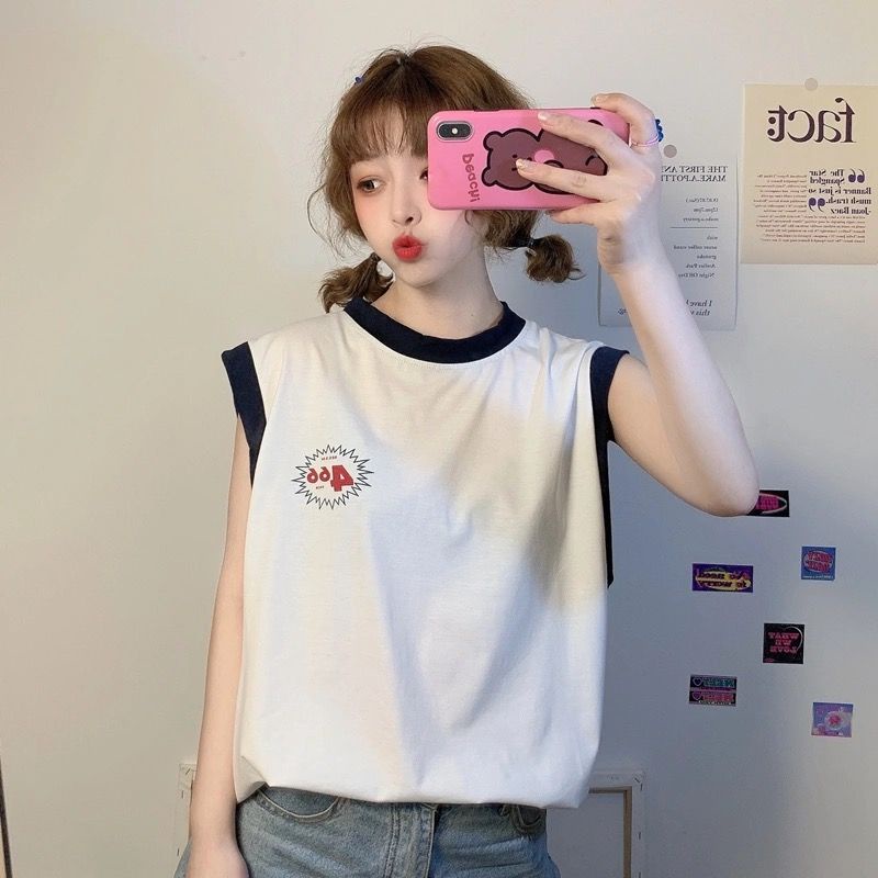 Jiashucheng Áo Thể Thao Sát Nách Dáng Rộng Màu Sắc Tương Phản Phong Cách Retro