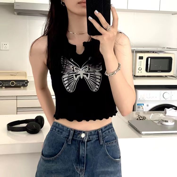 Áo Hai Dây Dáng Ngắn Họa Tiết Bướm Màu Đen Phong Cách Retro Mỹ Thời Trang Mùa Hè Xinh Xắn
