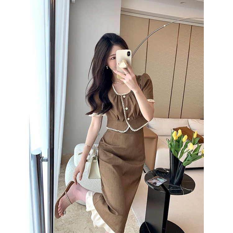 Bộ Áo Ngắn Tay Phối Bèo + Chân Váy Chữ A Thời Trang Xuân Hè 2023 Cho Nữ