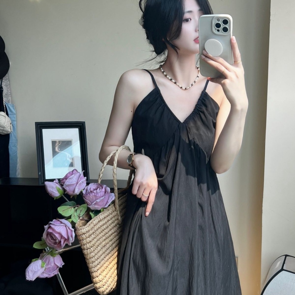 Đầm Hai Dây Cổ Chữ v Dáng Dài Qua Gối Phong Cách Hepburn 2023