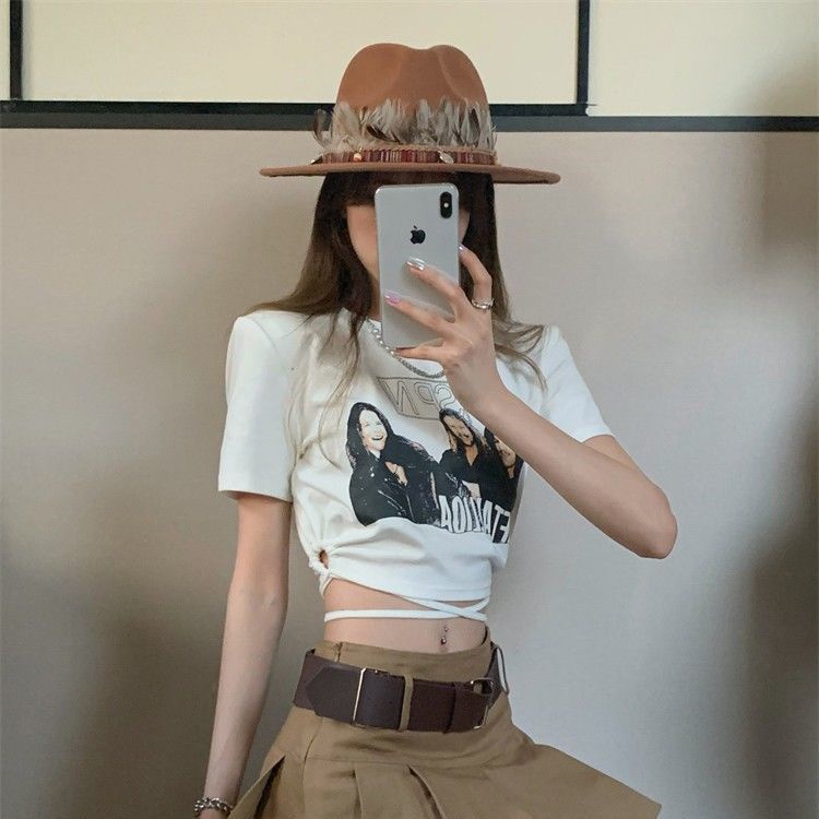 Áo Thun Ngắn Tay Thiết Kế Mỏng Phối Dây Rút Phong Cách Mỹ Hàng Mới Bán Chạy Dành Cho Bạn Nữ