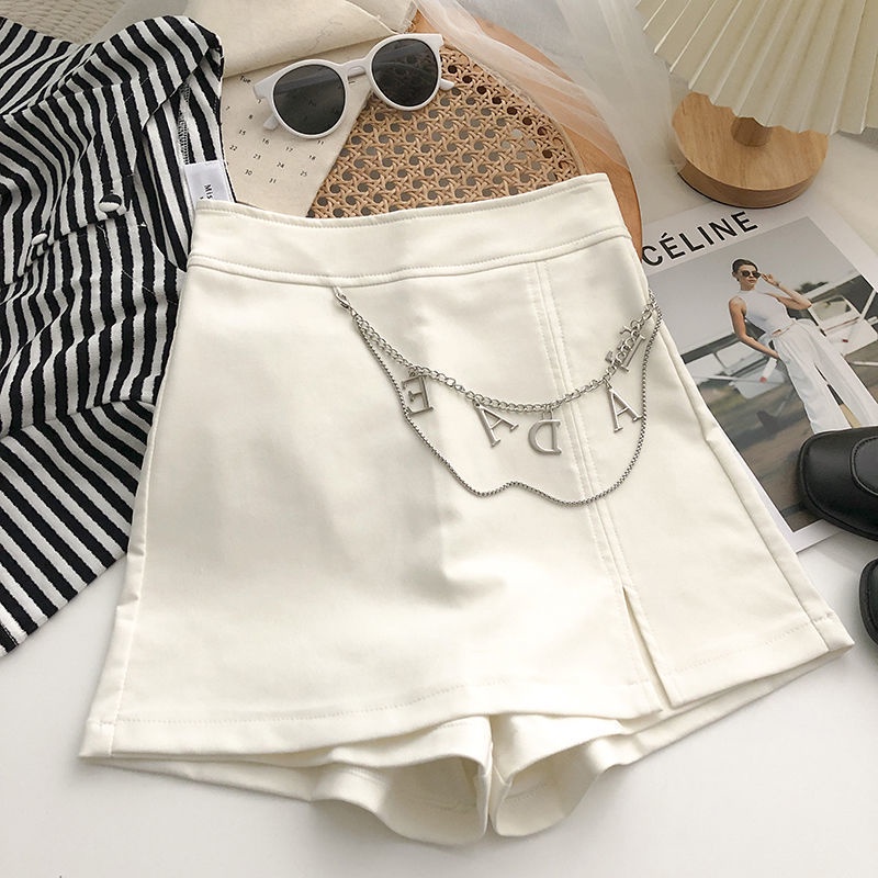 Quần Short Lưng Cao Ống Rộng Phối Dây Xích In Chữ Phong Cách Hàn Quốc Thời Trang Cho Nữ