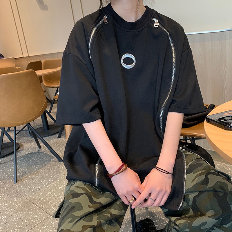 Áo Thun Tay Ngắn Cổ Tròn Dáng Rộng Phối Khóa Kéo Thiết Kế Không Đồng Đều Cao Cấp Thời Trang Mùa Hè Cho Nữ