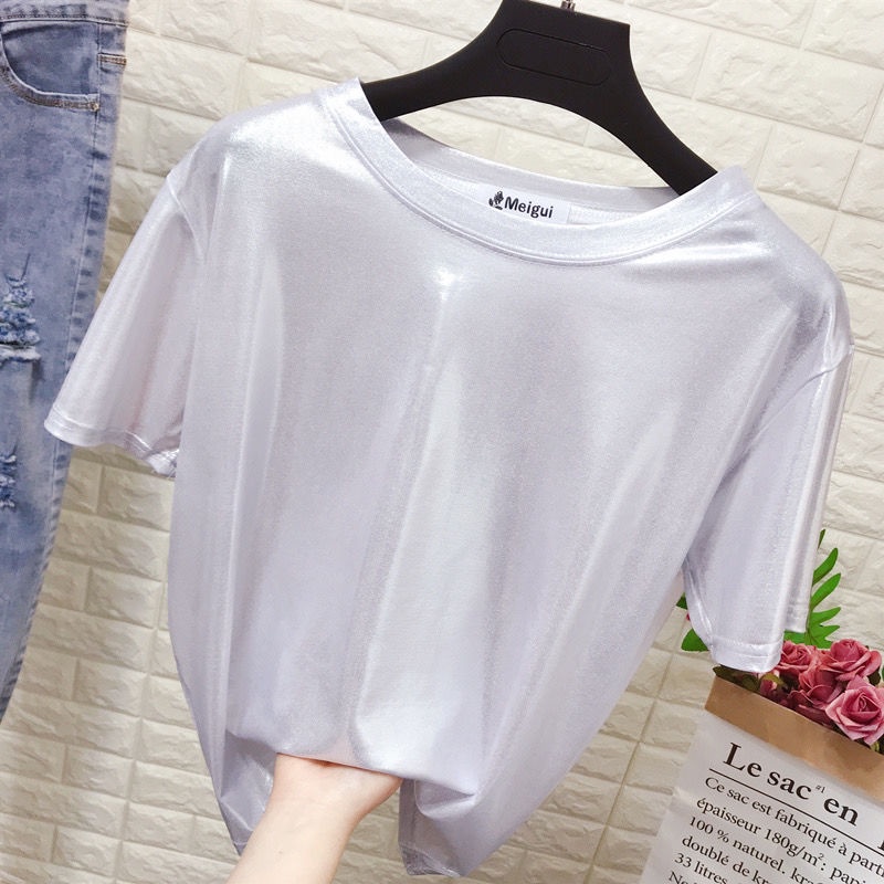 Áo Thun Tay Ngắn Cổ Tròn Dáng Rộng Màu Ánh Kim Lấp Lánh Phong Cách Mới Mùa Hè Cho Nữ