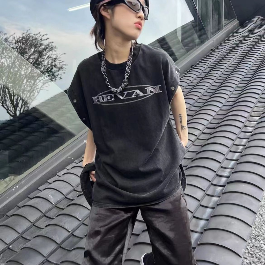 Áo Thun Cotton Chính Hãng Bevan Tay Ngắn In Họa Tiết Kim Loại Có Thể Tháo Rời Và Giặt Nặng Thiết Kế Niche Mặc Đường Phố