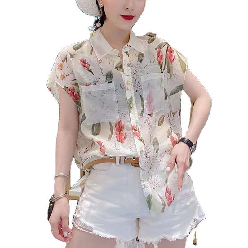 Áo Sơ Mi Chiffon Tay Ngắn Dáng Rộng In Hoạ Tiết Xinh Xắn Thời Trang Hàn Quốc