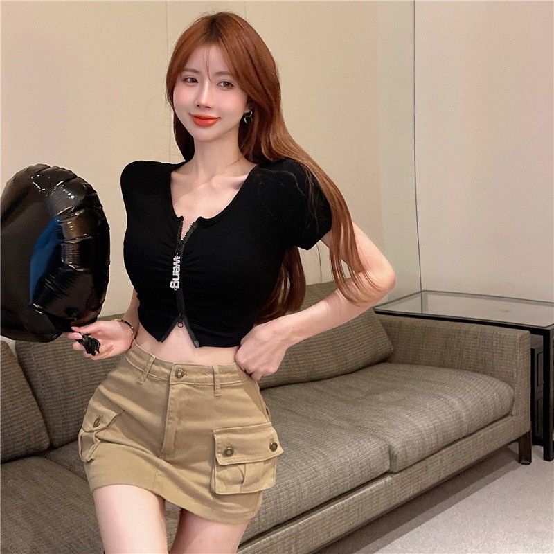 Hàng Mới Về Bán Chạy ~ Áo Cardigan Ngắn Tay Ôm Dáng Cổ Thấp Phối Khóa Kéo Thiết Kế Tinh Tế Quyến Rũ Cho Nữ