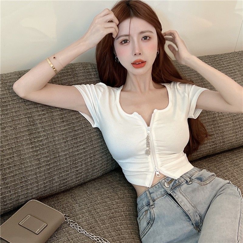 Hàng Mới Về Bán Chạy ~ Áo Cardigan Ngắn Tay Ôm Dáng Cổ Thấp Phối Khóa Kéo Thiết Kế Tinh Tế Quyến Rũ Cho Nữ