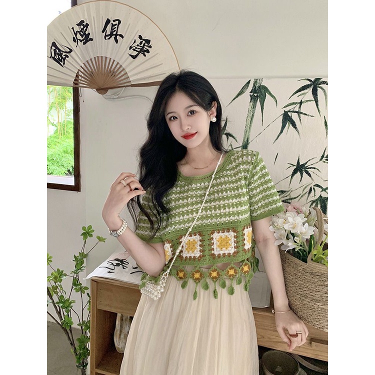 Bộ Áo Len Tay Ngắn Phối Tua Rua + Chân Váy Lửng Màu Sắc Tương Phản Phong Cách Bohemian Thời Trang Mùa Hè Dành Cho Nữ