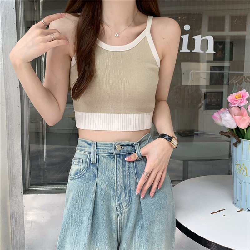 Áo Hai Dây Dệt Kim Dáng Ngắn Phong Cách Hàn Quốc Thời Trang Mùa Hè Cho Nữ