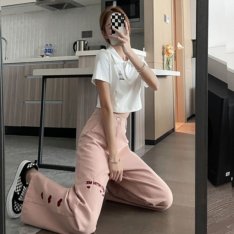 Quần Jean Dài Lưng Cao Ống Rộng Màu Hồng Thời Trang Mùa Xuân Mới Cho Nữ