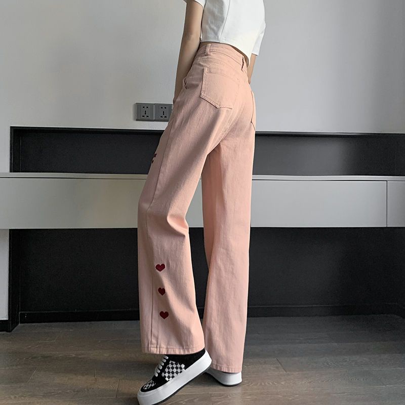 Quần Jean Dài Lưng Cao Ống Rộng Màu Hồng Thời Trang Mùa Xuân Mới Cho Nữ